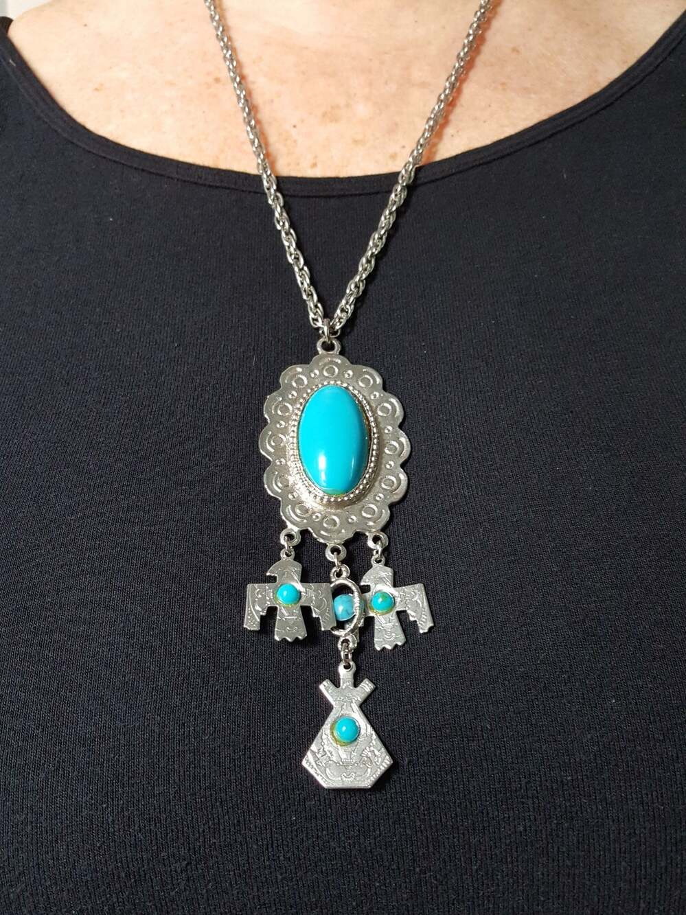 60's Faux Turquoise and Silver Eagle and Teepee Necklace